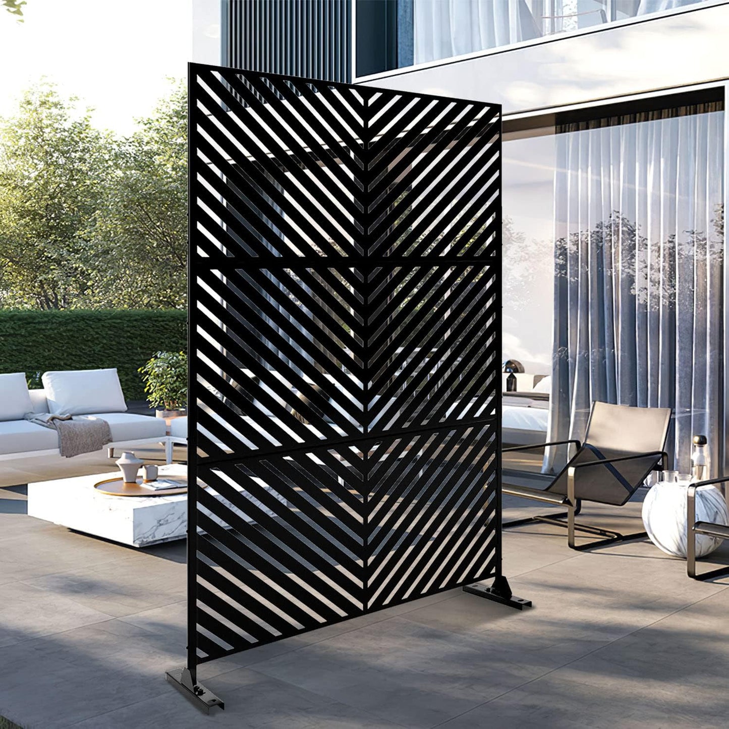 Metal Privacy Screen Outdoor 72" H×47" W,Freestanding Decorative Privacy Screen for Balcony Yard&Garden,Privacy Fence-Black&Louvered