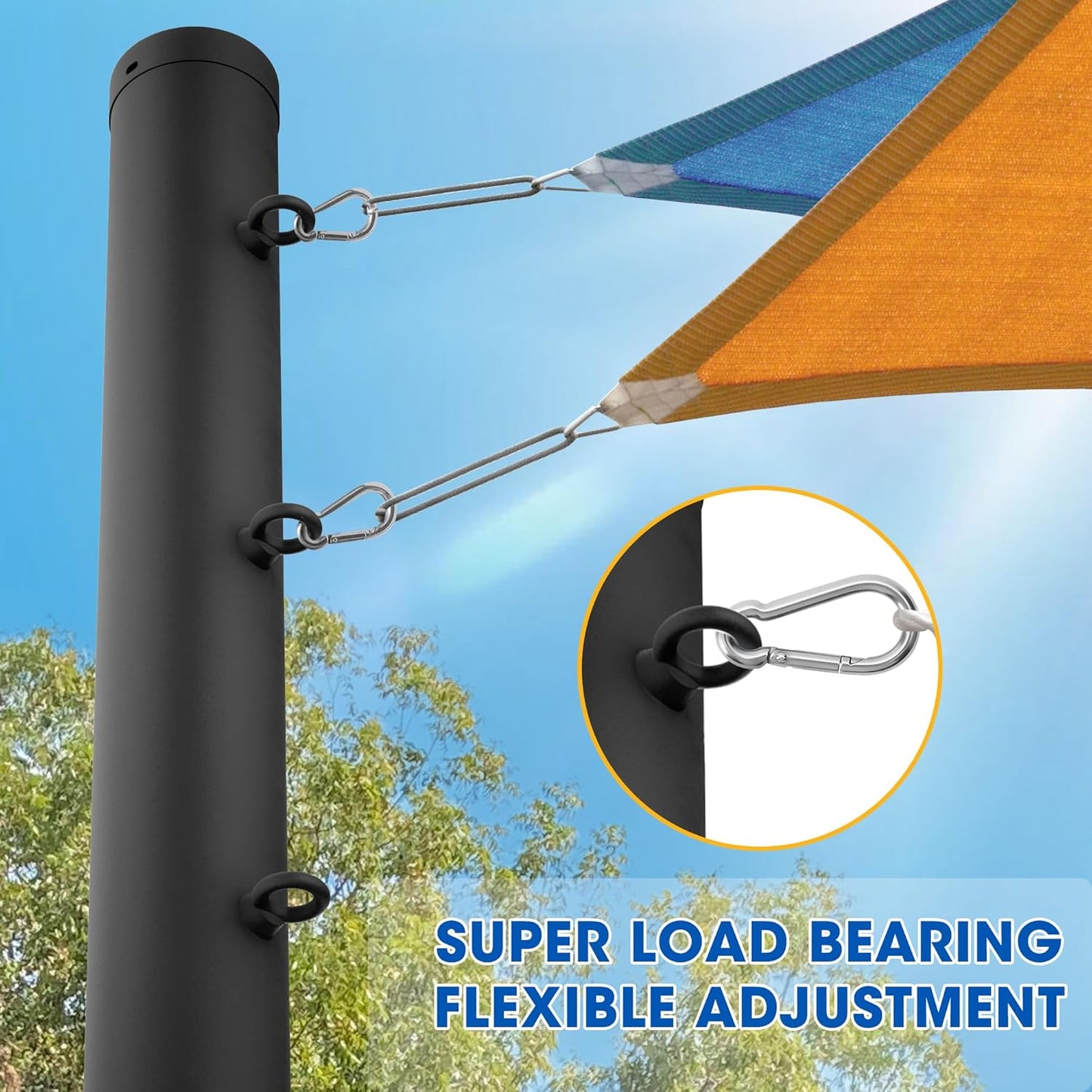 2 Pack Shade Sail Poles, 10 FT Outdoor Sun Shade Poles for Deck, 2.4" Diameter Steel Heavy Duty Shade Pole Kit for Outdoor Shade in Ground and Backyards, Patio, Deck, Black Three Ring Sun Shade Pole