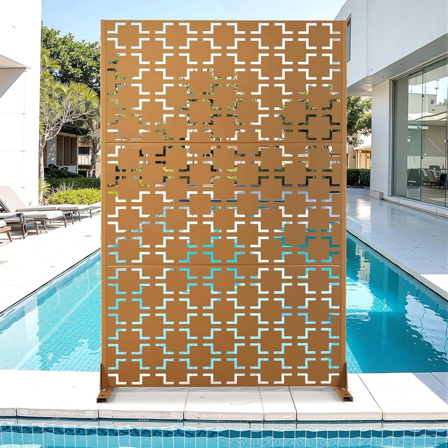 Metal Privacy Screen for Outdoor & Indoor Use, Free Standing Privacy Screen for Patio Garden Pool, 72" H x 47" W Decoative Privacy Panels, Weather Resistant, Easy Assembly (Oak Grain)