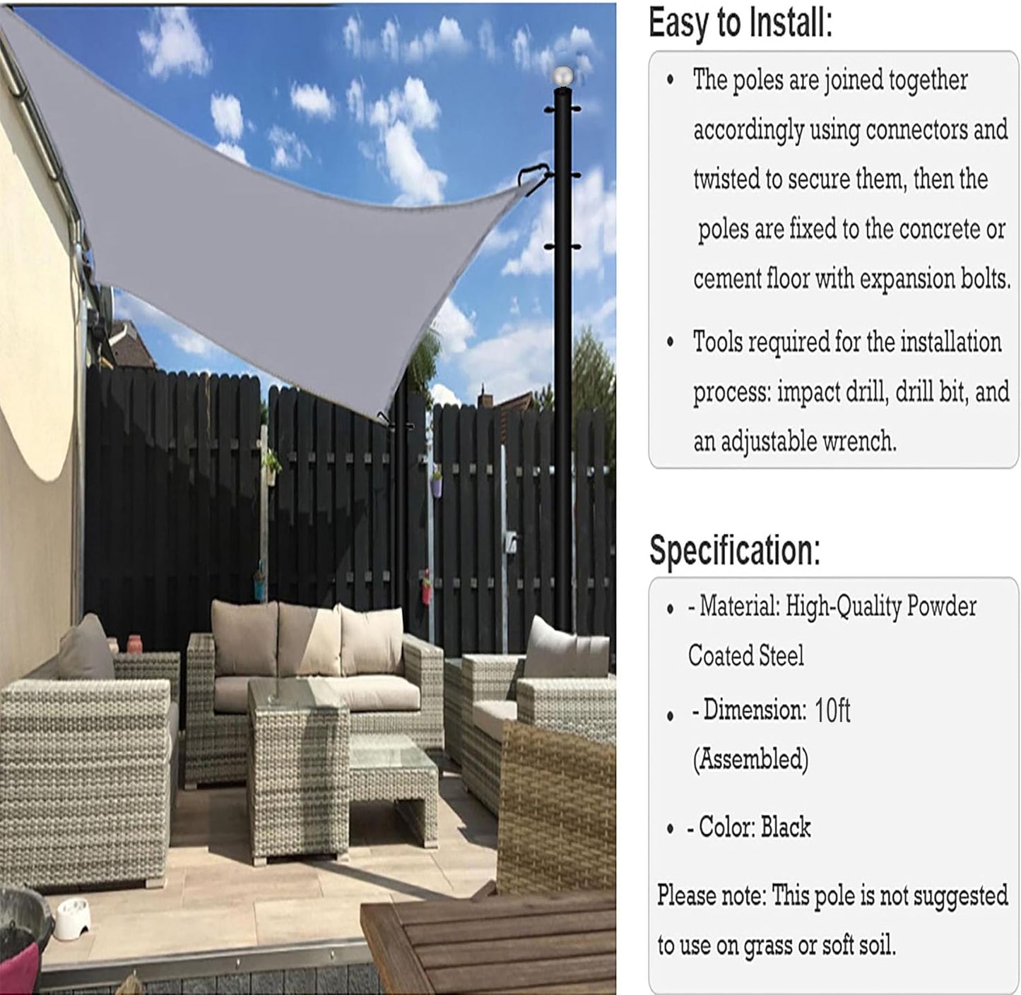 Sun Shade Sail Poles 10FT Outdoor Shade Sail Pole Kit Heavy Duty Steel Post Support Awning Canopy for Deck Patio Outside Backyard(10FT,2pack)