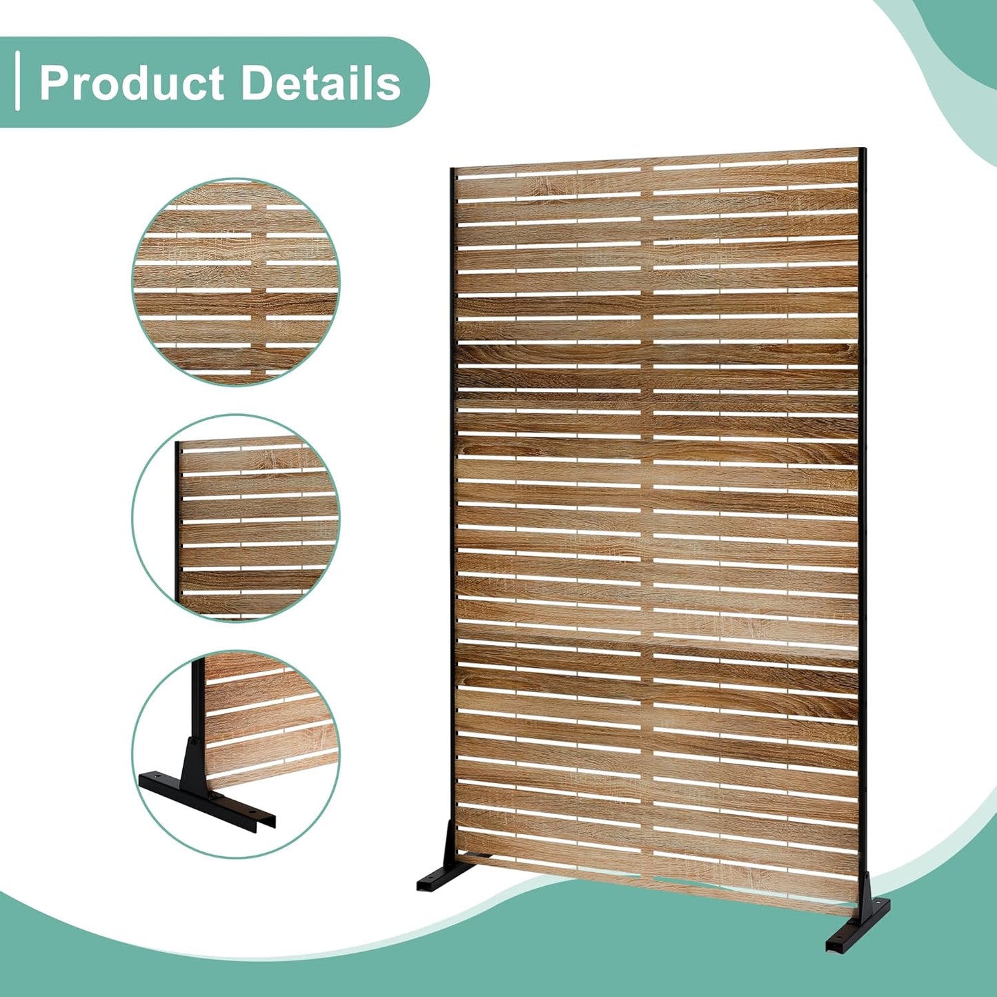Metal Privacy Screen for Outdoor & Indoor Use, Free Standing Privacy Screen for Patio Garden Pool, 72" H x 47" W Decoative Privacy Panels, Weather Resistant, Easy Assembly (Oak Grain)