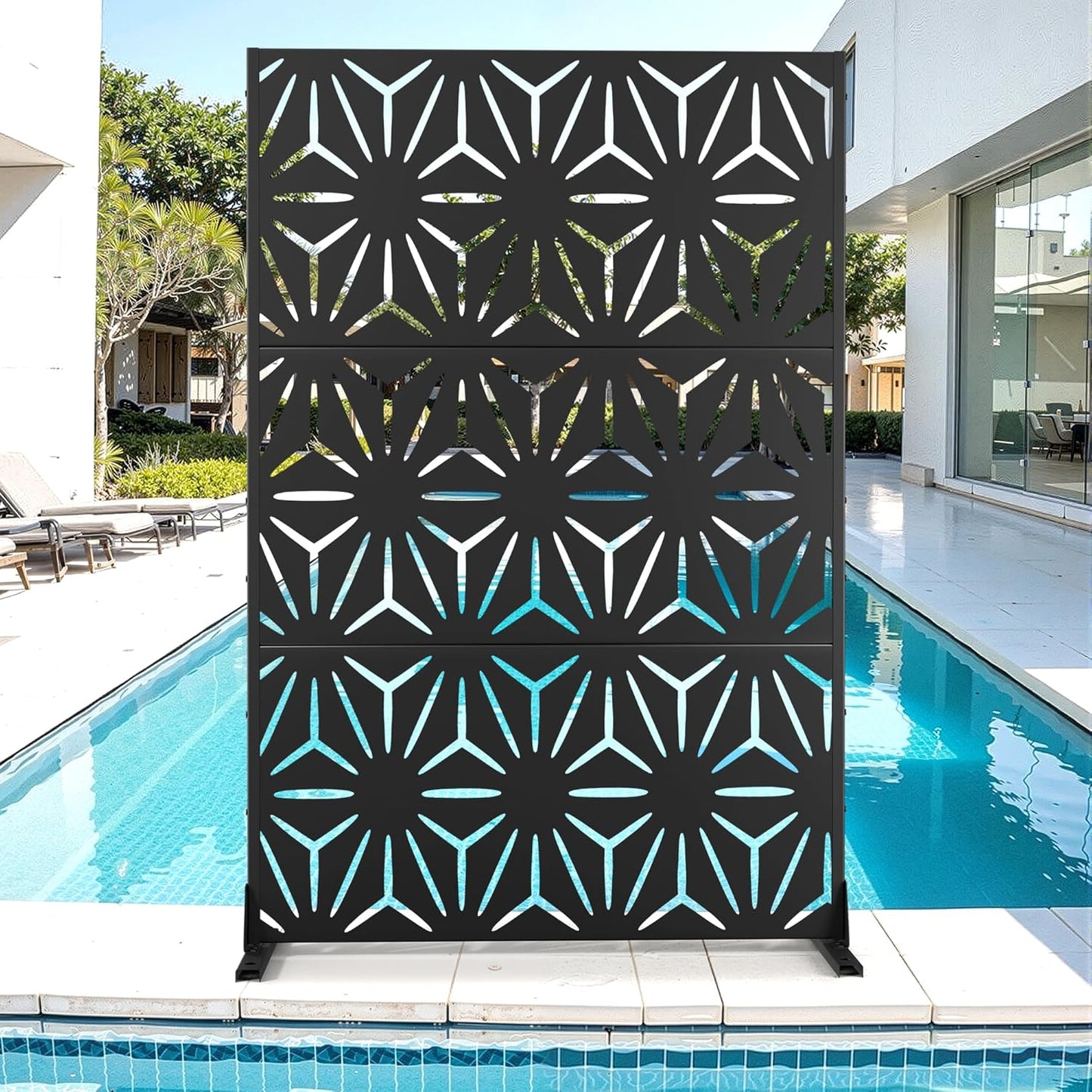 Metal Privacy Screen for Outdoor & Indoor Use, Free Standing Privacy Screen for Patio Garden Pool, 72" H x 47" W Decoative Privacy Panels, Weather Resistant, Easy Assembly (Oak Grain)