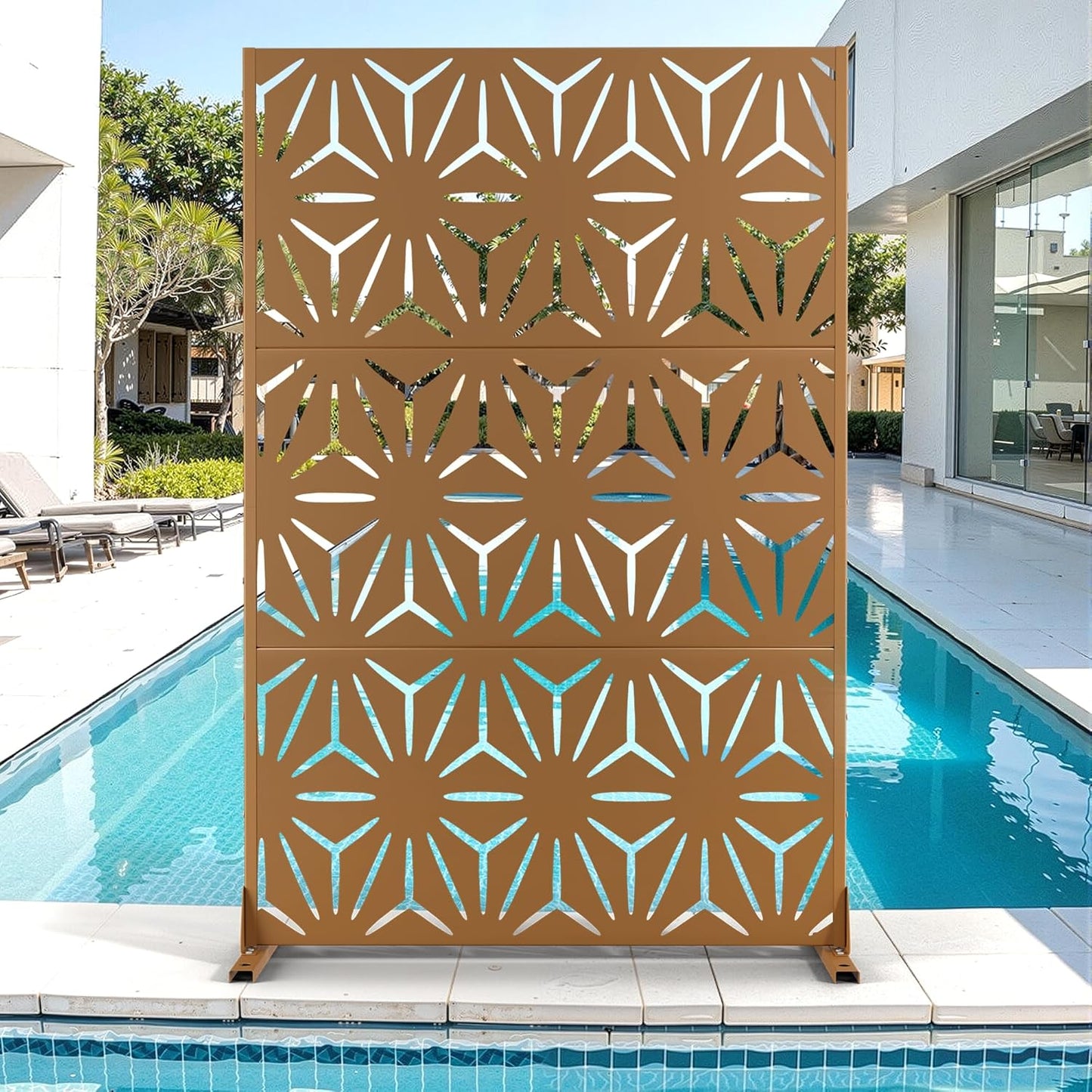 Metal Privacy Screen for Outdoor & Indoor Use, Free Standing Privacy Screen for Patio Garden Pool, 72" H x 47" W Decoative Privacy Panels, Weather Resistant, Easy Assembly (Oak Grain)