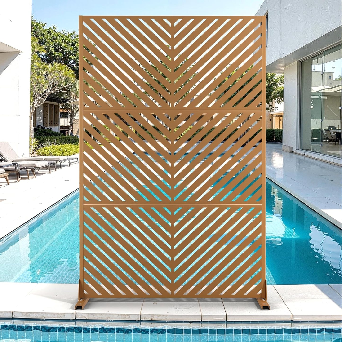 Metal Privacy Screen for Outdoor & Indoor Use, Free Standing Privacy Screen for Patio Garden Pool, 72" H x 47" W Decoative Privacy Panels, Weather Resistant, Easy Assembly (Oak Grain)