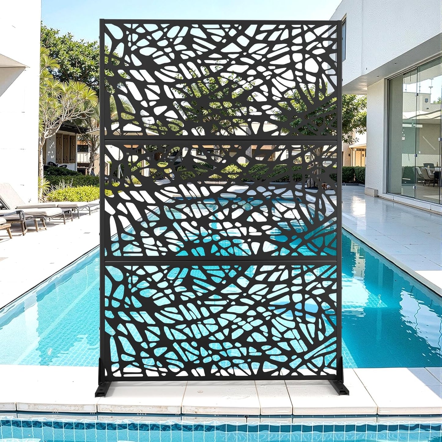 Metal Privacy Screen for Outdoor & Indoor Use, Free Standing Privacy Screen for Patio Garden Pool, 72" H x 47" W Decoative Privacy Panels, Weather Resistant, Easy Assembly (Oak Grain)
