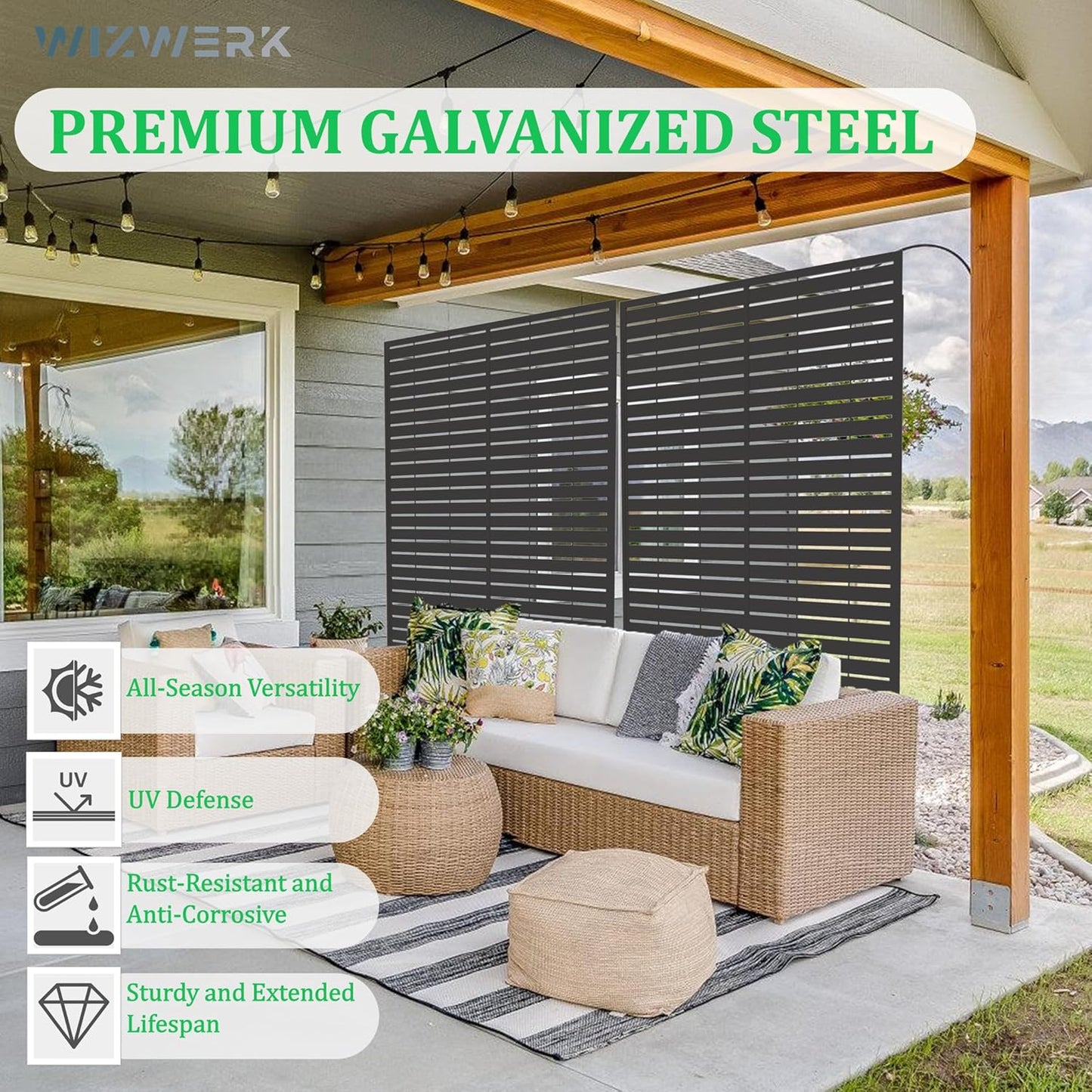 6FT Outdoor Metal Privacy Screen – Decorative Privacy Fence and Room/Garden Divider, Weather-Resistant Freestanding Panel with Stand, Durable Steel for Patio, Garden, Balcony, or Backyard