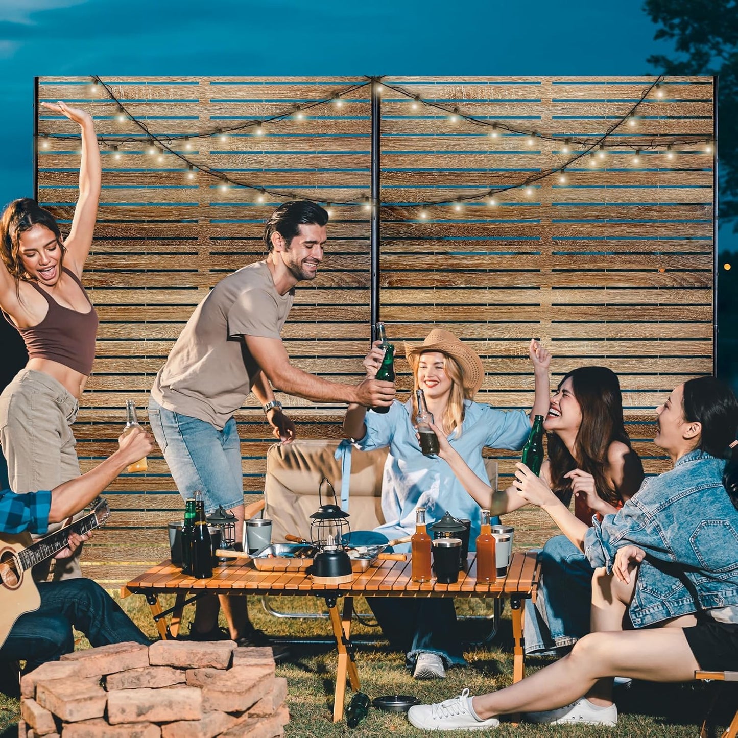 Metal Privacy Screen for Outdoor & Indoor Use, Free Standing Privacy Screen for Patio Garden Pool, 72" H x 47" W Decoative Privacy Panels, Weather Resistant, Easy Assembly (Oak Grain)