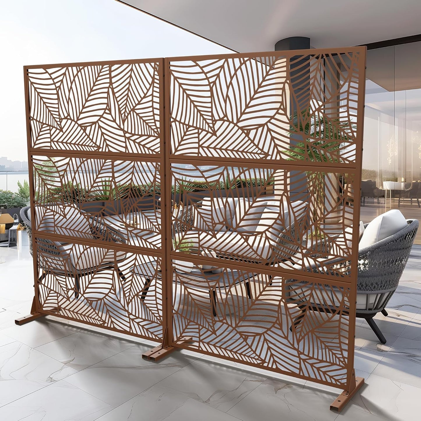 Casaphoria 72" H x 47" W Metal Outdoor Privacy Screen, Freestanding Decorative Divider for Patio, Deck, Balcony, and Garden with Stable Base, Brown Leaves