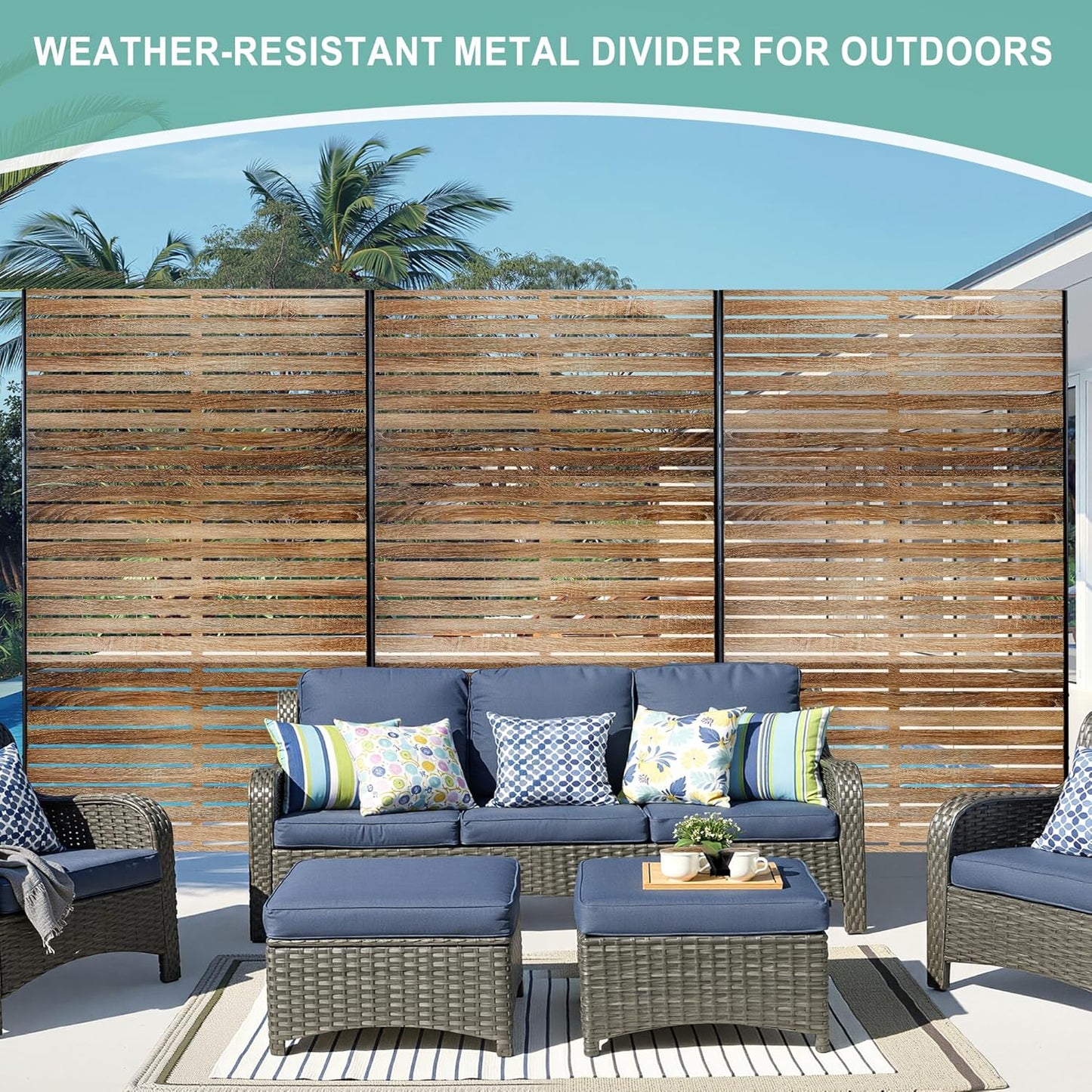 Metal Privacy Screen for Outdoor & Indoor Use, Free Standing Privacy Screen for Patio Garden Pool, 72" H x 47" W Decoative Privacy Panels, Weather Resistant, Easy Assembly (Oak Grain)